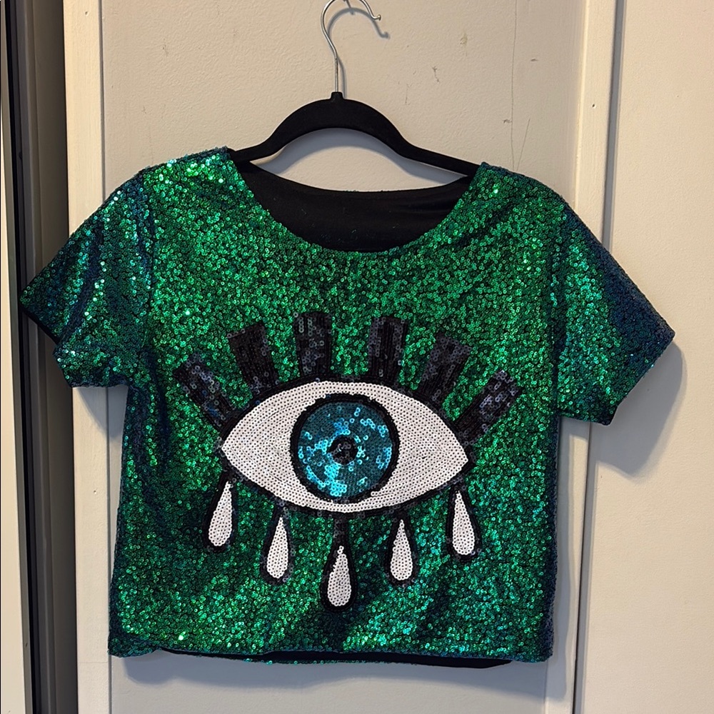 Green Sequin Eye Design Women’s Top